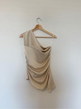zara cream one shoulder dress Theia Zara One-Shoulder Metallic Jacquard Column Gown